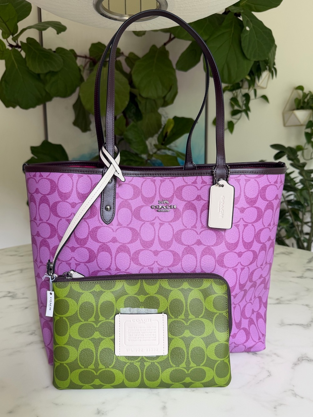 NWT COACH Reversible City Tote Blocked Signature Canvas 91380 Purple Green Pink